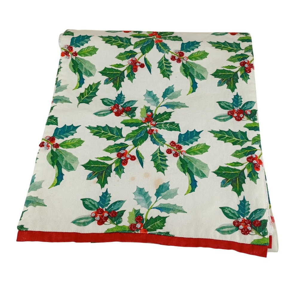 Secret Celebrity Christmas Holly Berry Table Runner White Red Green Glitter 68in